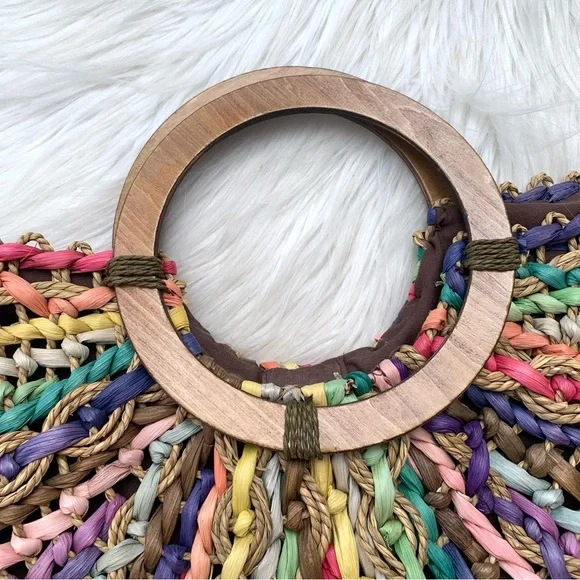 Vintage T. Cappelli Colorful Boho Straw Woven Bag Round Wooden Handle - Picture 6 of 10